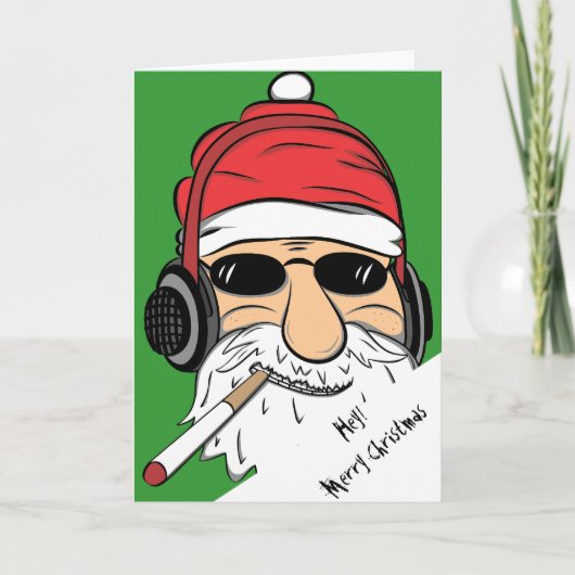 Kerstman met de Sigaret en de Hoofdtelefoons van Feestdagen Kaart (Voorkant)