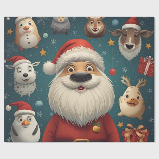 Kerstman met dieren cadeaupapier (Vlak)