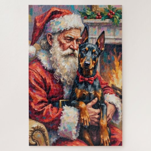 Kerstman met Dobermann Kerst Kunst Legpuzzel (Verticaal)