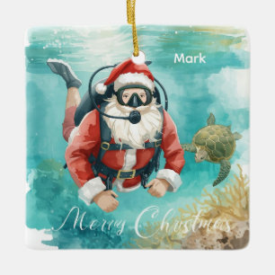 Kerstman met duikuitrusting duikt met schildpad keramisch ornament