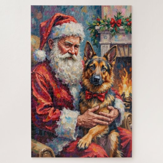 Kerstman met Duitse Herdershond Kerst Kunst Legpuzzel (Verticaal)