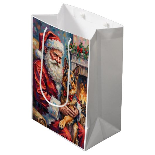 Kerstman met Duitse Herdershond Kerst Kunst Medium Cadeauzakje (Voorkant Gekanteld)