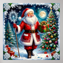 Kerstman met een cadeau in een magische kerst poster