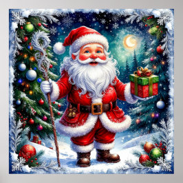 Kerstman met een cadeau in een magische kerst poster