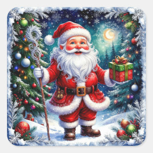 Kerstman met een cadeau in een magische kerst vierkante sticker