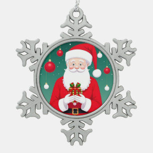 Kerstman met een cadeau tin sneeuwvlok ornament