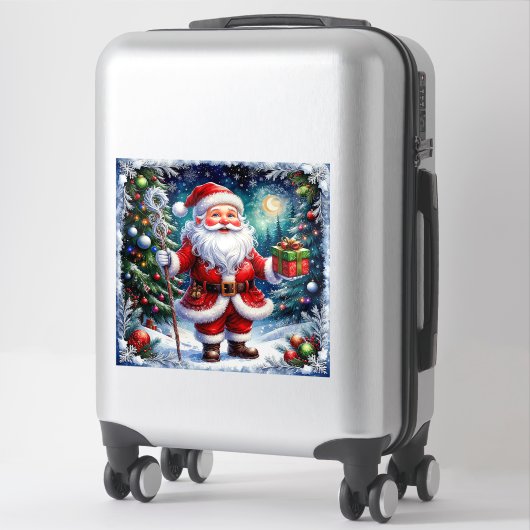 Kerstman met een geschenk in een magische kerst sticker (Koffer)