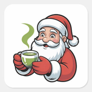 Kerstman met een Matcha-drankje Kerstmis Vierkante Sticker