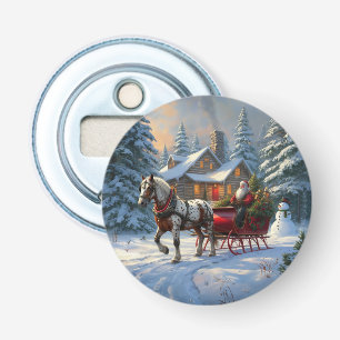 Kerstman met één paard Sleigh Button Flesopener