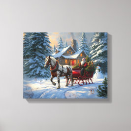 Kerstman met één paard Sleigh Canvas Afdruk