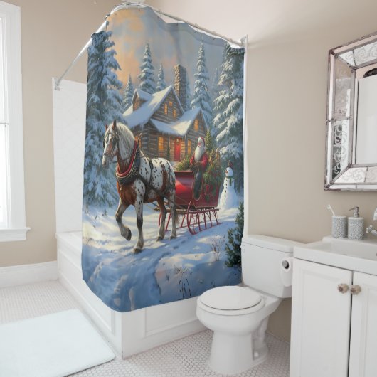 Kerstman met één paard Sleigh Douchegordijn (In situ)