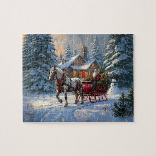 Kerstman met één paard Sleigh Legpuzzel (Horizontaal)