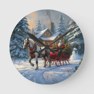 Kerstman met één paard Sleigh Ronde Klok