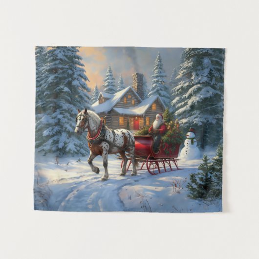 Kerstman met één paard Sleigh Wandkleed (Voorkant (horizontaal))
