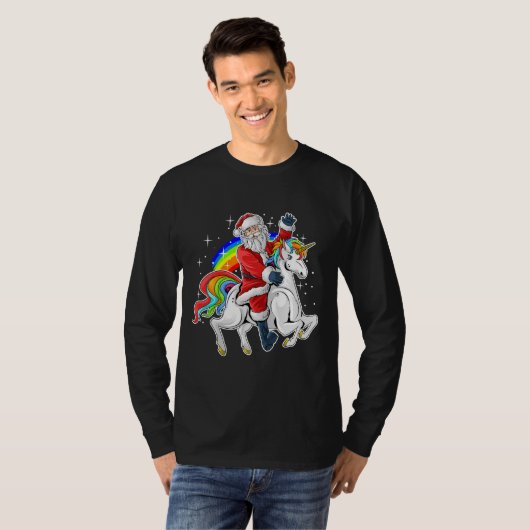 Kerstman met een unicorn-regenboogzolder t-shirt (Voorkant volledig)