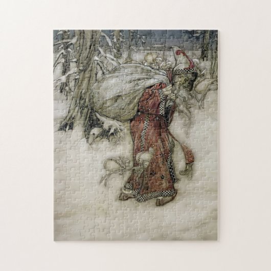 Kerstman met een zak vol cadeaus in de sneeuw legpuzzel (Verticaal)