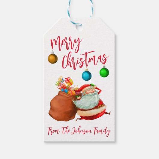 Kerstman met een Zak Vol Cadeaus Prettig Kerstfees Cadeaulabel (Voorkant)