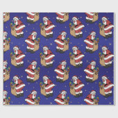 Kerstman met een zak vol speelgoed op blauw cadeaupapier (Vlak)