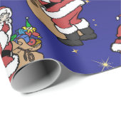 Kerstman met een zak vol speelgoed op blauw cadeaupapier (Rol Hoek)