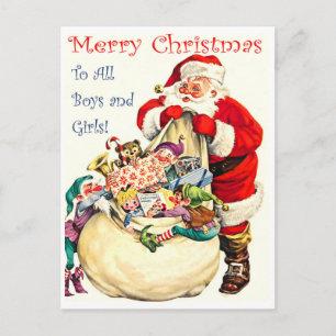 Kerstman met een zak vol speelgoed, vintage briefkaart