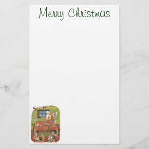 Kerstman met elfen in de werkplaats in vintage sti briefpapier
