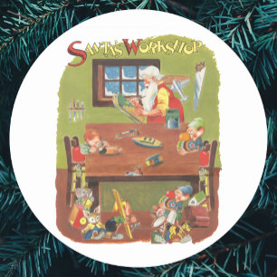 Kerstman met elfen in de werkplaats in vintage sti ronde sticker