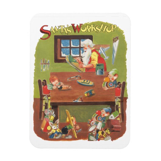 Kerstman met elfen in de werkplaats magneet (Verticaal)