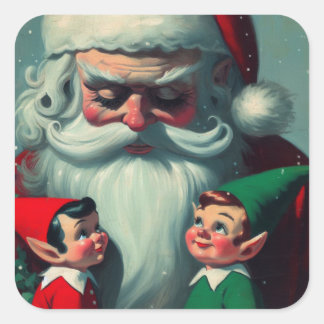 Kerstman met Elfen Retro Kerst Vintage Vierkante Sticker