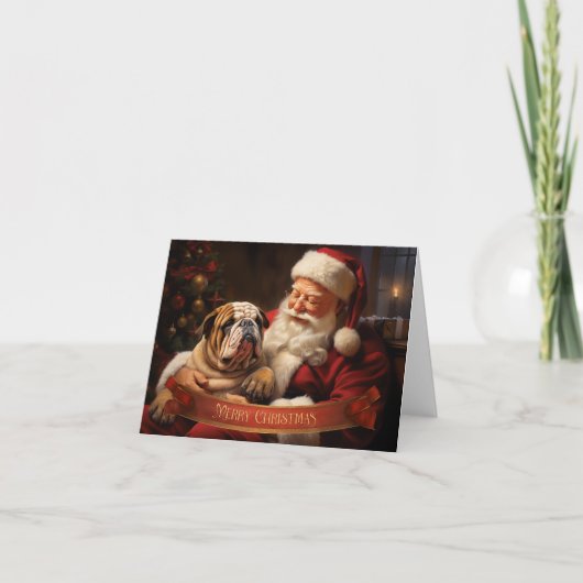 Kerstman met Engelse Bulldog Feestdagen Kaart (Voorkant)