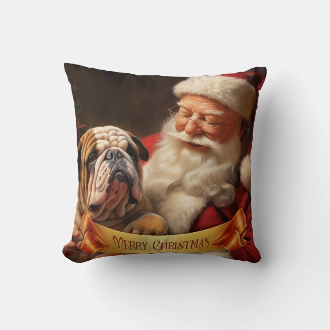 Kerstman met Engelse Bulldog Kussen (Voorkant)