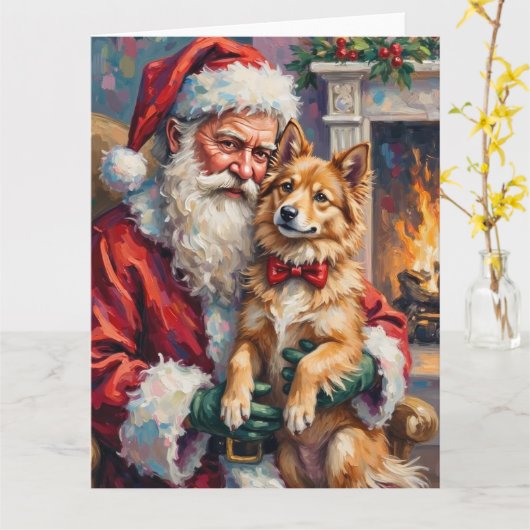 Kerstman met Finse Lapphund Kerst Kunst Kaart (Gele Bloem)