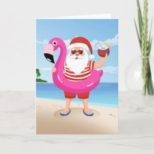 Kerstman met flamingo opblaasbare ring kaart