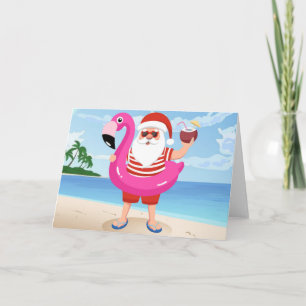 Kerstman met flamingo opblaasbare ring kaart