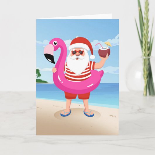 Kerstman met flamingo opblaasring kaart (Voorkant)