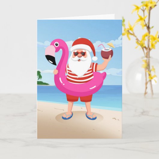 Kerstman met flamingo opblaasring kaart (Gele Bloem)