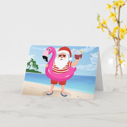 Kerstman met flamingo opblaasring kaart (Gele Bloem)