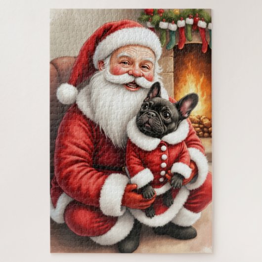 Kerstman met Franse Bulldog Kerst Kunst Legpuzzel (Verticaal)