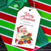 Kerstman met geschenken, traditioneel schilderij v cadeaulabel