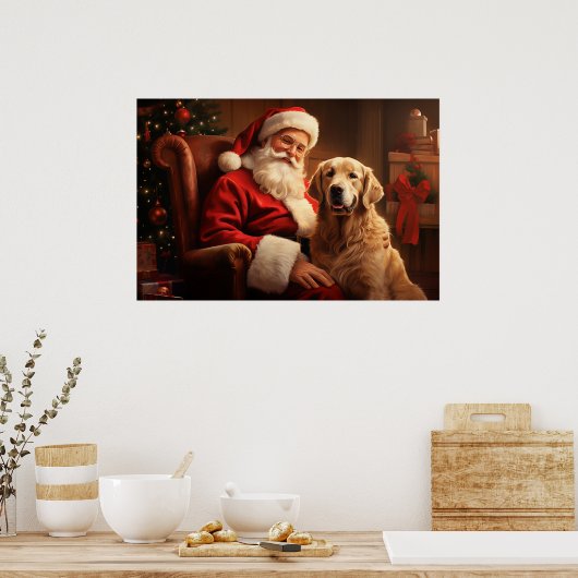 Kerstman met Golden Retriever Poster (Keuken)