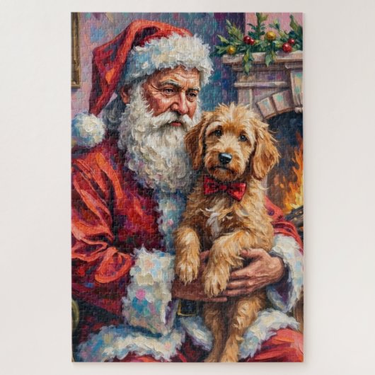 Kerstman met Goldendoodle Kerst Kunst Legpuzzel (Verticaal)