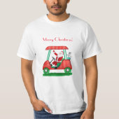 Kerstman met Golf Cart Merry Kerstmis T-Shirt (Voorkant)