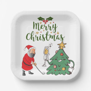 Kerstman met golfbal en kerstgolfer papieren bordje