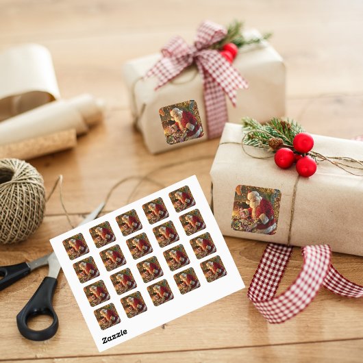 kerstman met gouden lampvoet ronde sticker