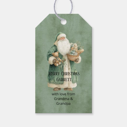 Kerstman met groene jas kerstcadeaus cadeaulabel (Voorkant)
