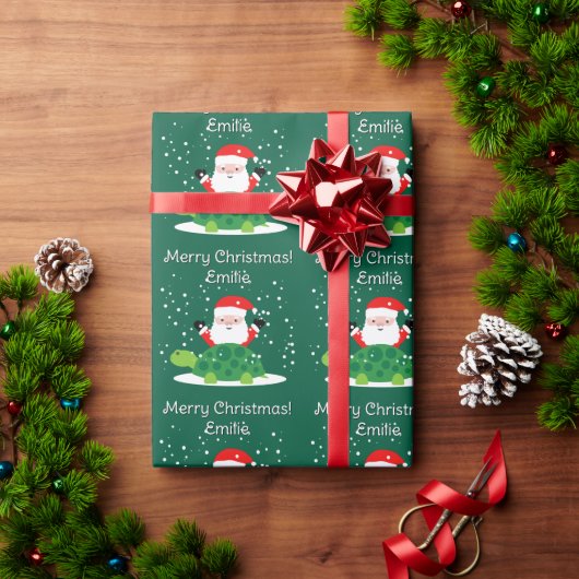 Kerstman met groene schildpad cartoon Kerstmis Cadeaupapier (Feestdagen Geschenken)