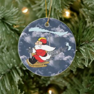 Kerstman met helikopterversier keramisch ornament