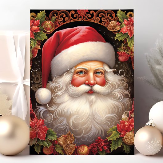  Kerstman met Holly Floral Christmas Feestdagen Kaart