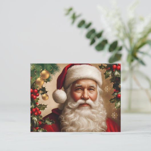 Kerstman met Hulstbes, Kerstversiering Feestdagenkaart (Staand voorkant)