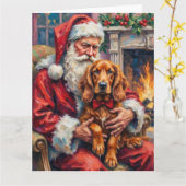 Kerstman met Ierse Rode Setter Kerstkunst Kaart (Gele Bloem)