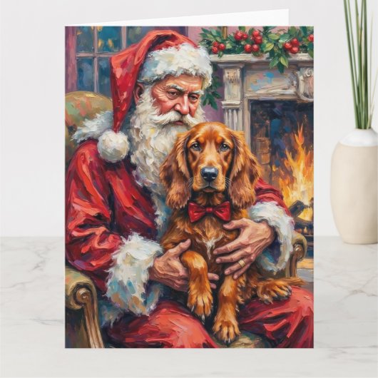 Kerstman met Ierse Rode Setter Kerstkunst Kaart (Voorkant)